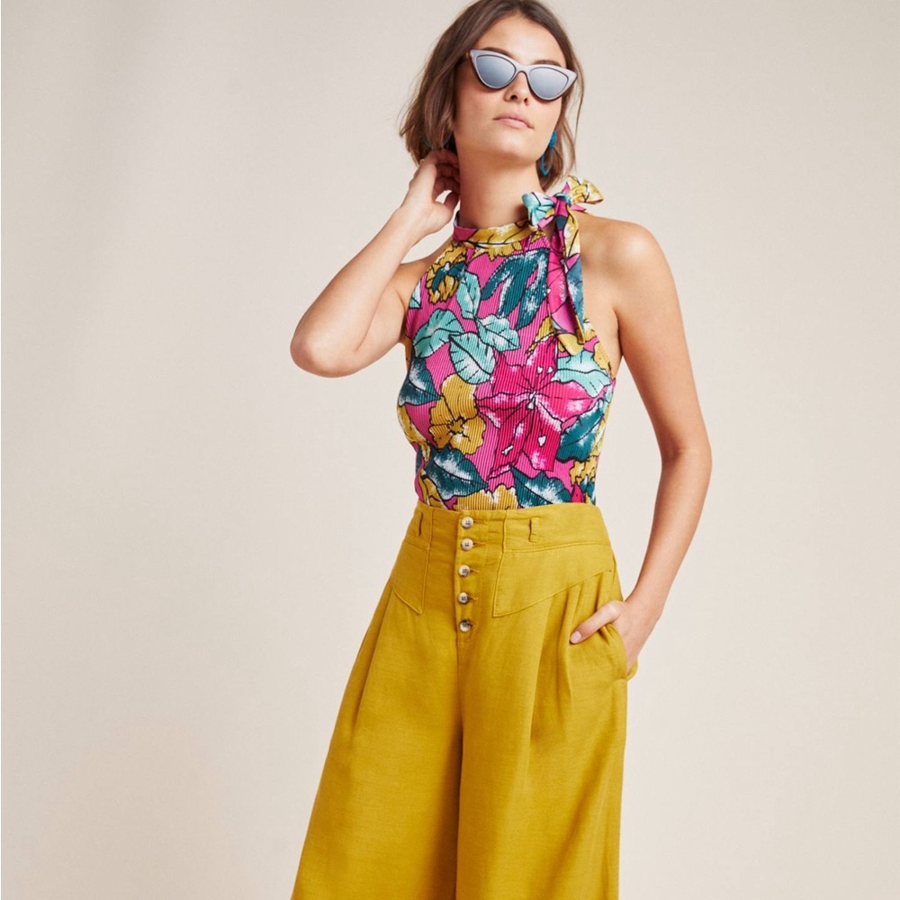 Anthropologie Maeve Floral Glocester Tie Neck Halter Top - Pink, Size Small